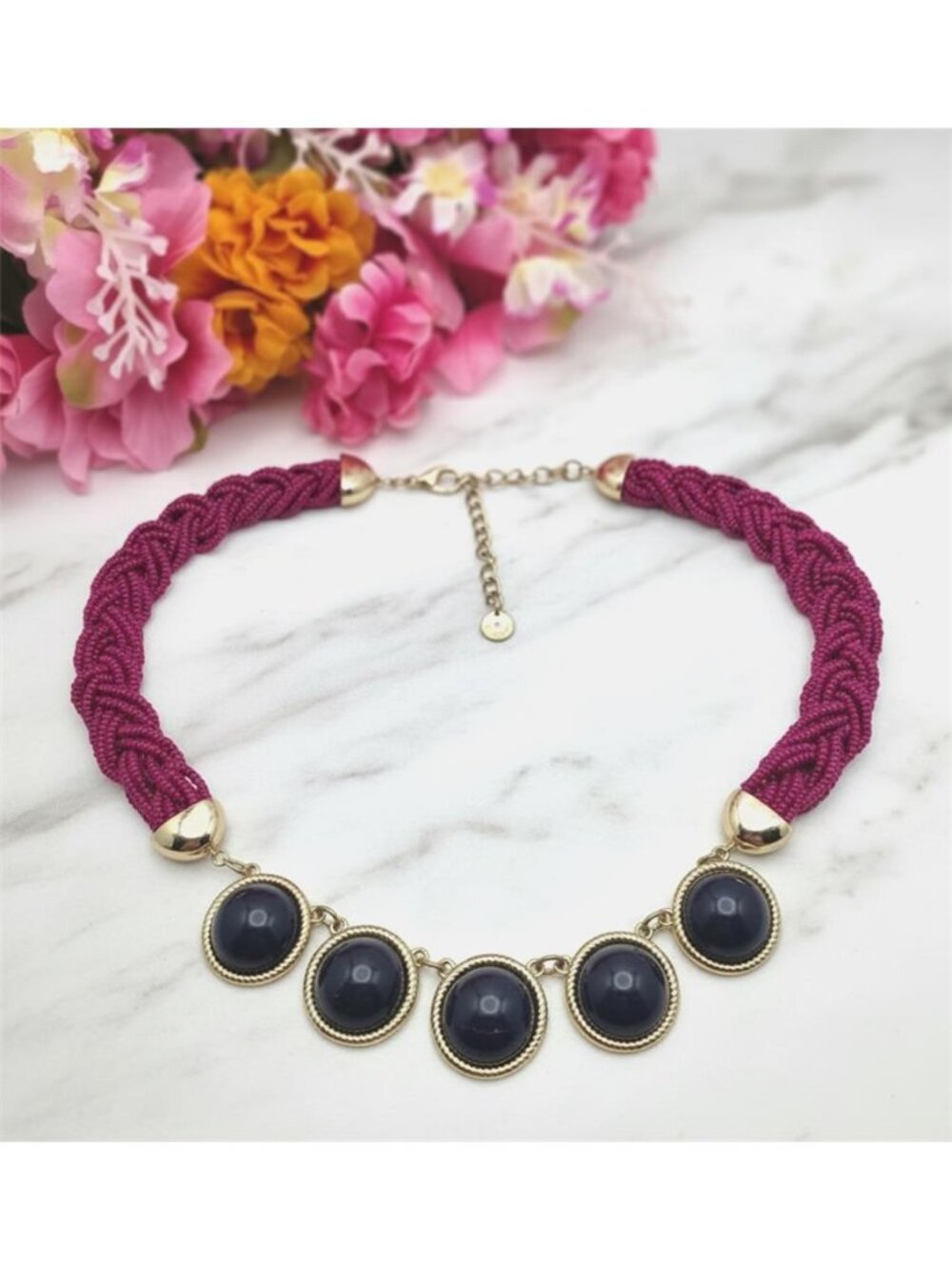 Talbots Fuchsia Seed Bead Braided Bib Necklace Navy Cabochon Gold Tone 21 in